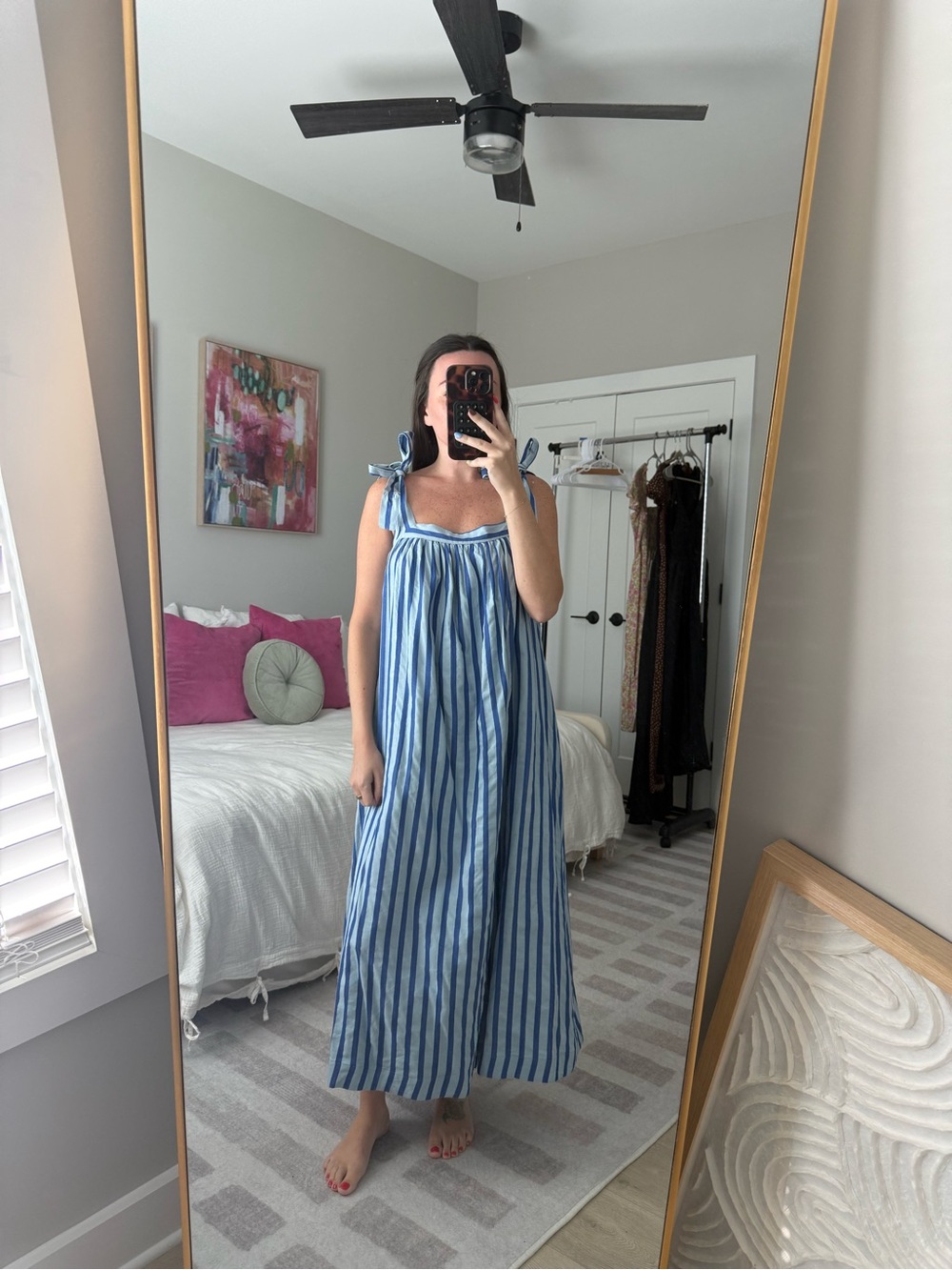 Blue Striped Tie-Shoulder Maxi Dress